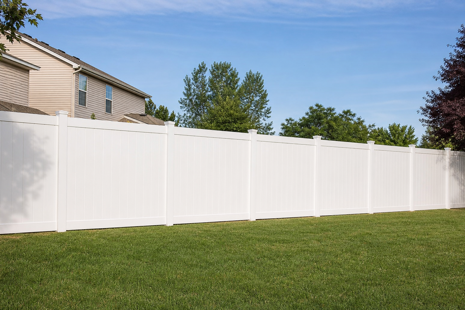 White vinyl privacy fence installed along a residential backyard in Longview Texas